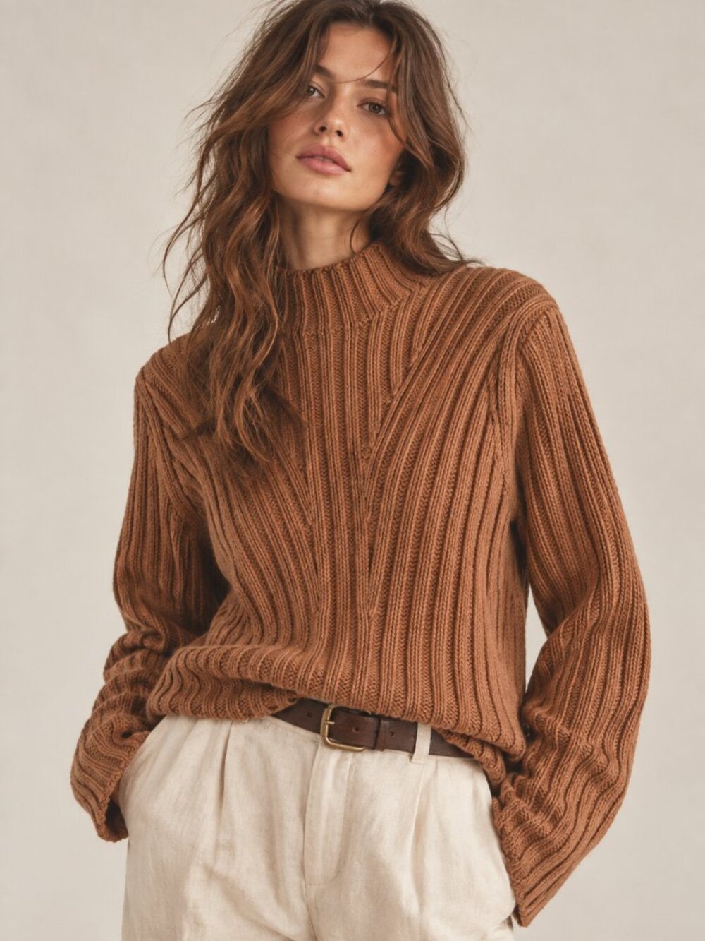 Vince Cashmere Wool Ribbed Chunky Knit Mock Neck Sweater Brown M